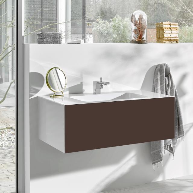 Alape WP.Folio washbasin with vanity unit with 1 pull-out compartment white/silk matt shadow earth, with 1 tap hole