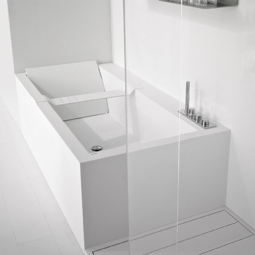 antoniolupi BIBLIO rectangular bath with 2-sided panelling and rim for fittings