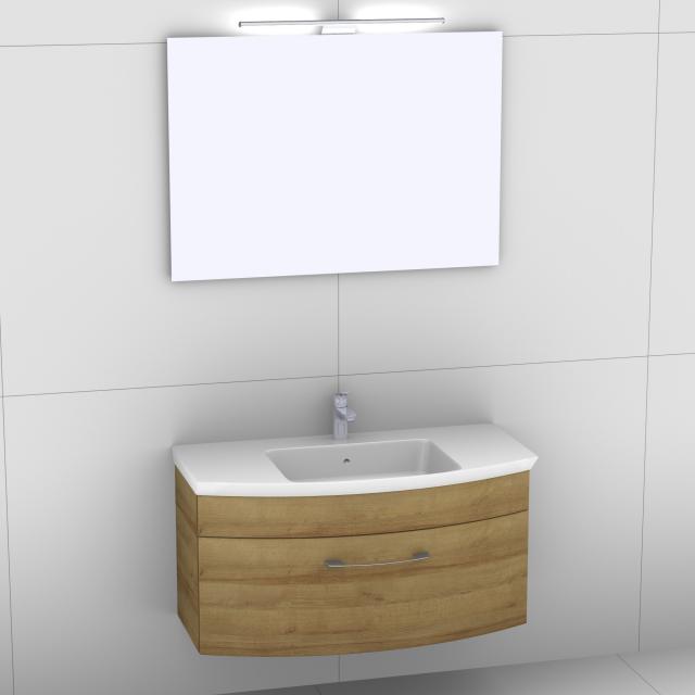Artiqua 818 Block washbasin with vanity unit with 1 pull-out compartment and mirror with lighting riviera oak/mirrored