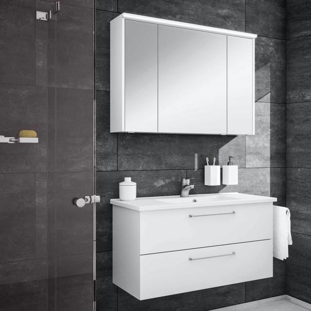 Artiqua 890 Block wasbasin with vanity unit and LED mirror cabinet front white gloss/mirrored, corpus white gloss