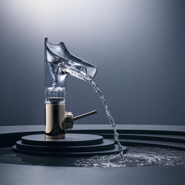 AXOR Starck V single lever basin mixer 140 with glass spout with facet cut with always-open waste valve, gold