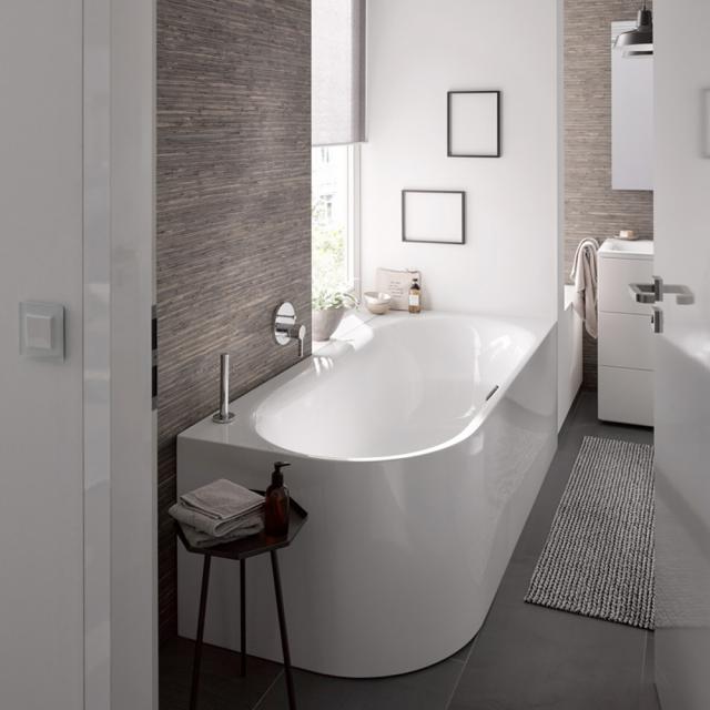 Bette Lux Oval Silhouette corner bath with panelling white bath, chrome waste set, +5 cm