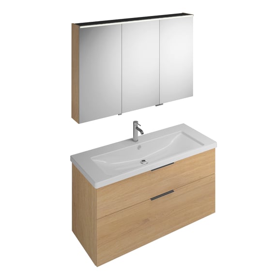 Ensemble Salle De Bains 3 Pièces - Meuble Lavabo, Armoire Et Miroir - Effet Chêne, Céramique Blanc