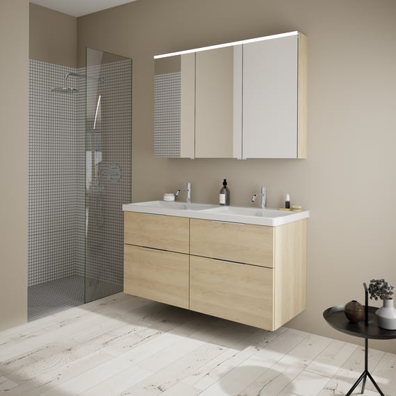 Burgbad Eqio Lavabo Con Mobile, Con Armadietto A Specchio Rovere Cashmere Decor Specchiato Lavabo Bianco Con Troppopieno A655730