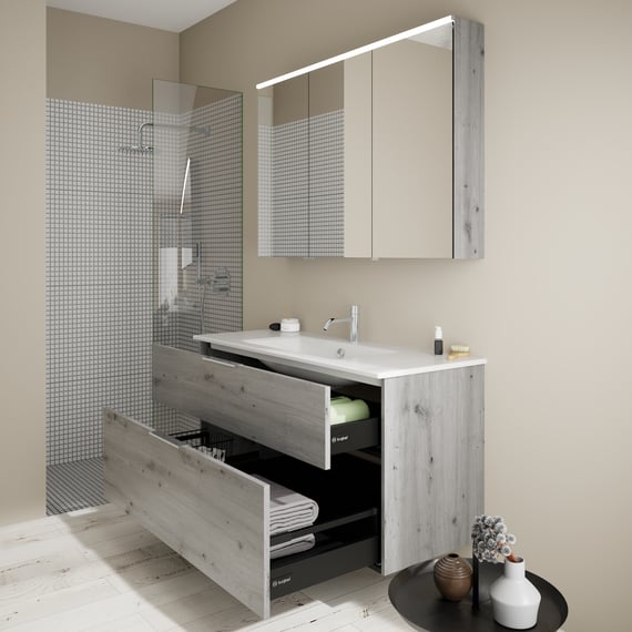Lomadox Mobile Bagno Completo Con Lavabo, Bianco Lucido, 94 Cm, Armadio A Specchio 3D Con LED E 3 Ante, Set Mobile + Specchio