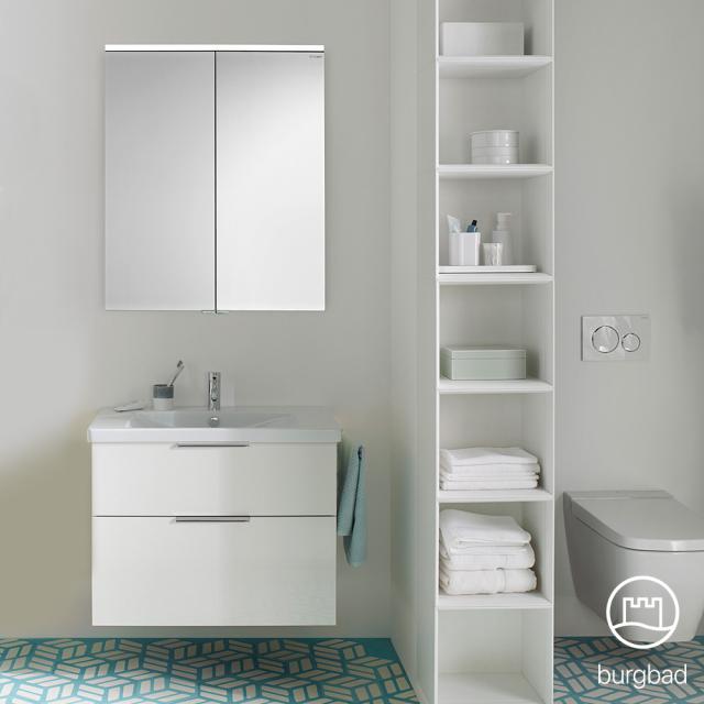 Burgbad Eqio bathroom furniture set 1, washbasin with vanity unit and mirror cabinet front white high gloss / corpus white gloss, bar handle chrome