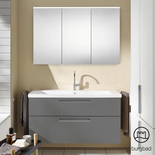 Burgbad Eqio bathroom furniture set 3, washbasin with vanity unit and mirror cabinet grey high gloss/grey gloss, bar handle chrome