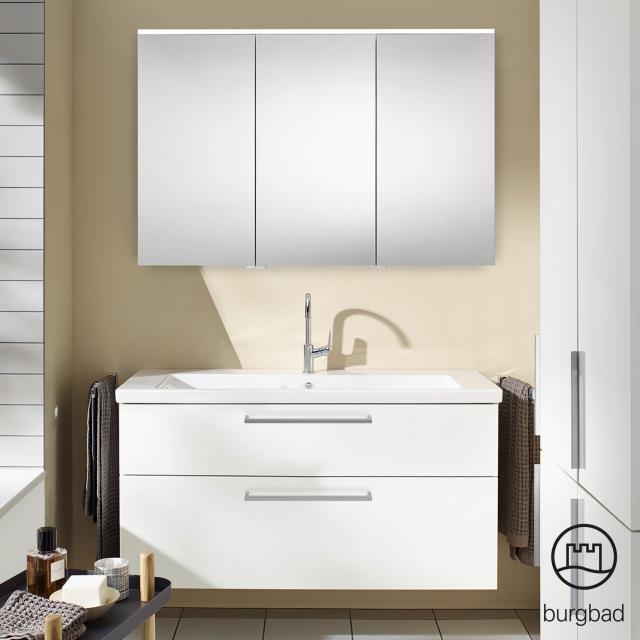 Burgbad Eqio bathroom furniture set 3, washbasin with vanity unit and mirror cabinet white high gloss/white gloss, bar handle chrome