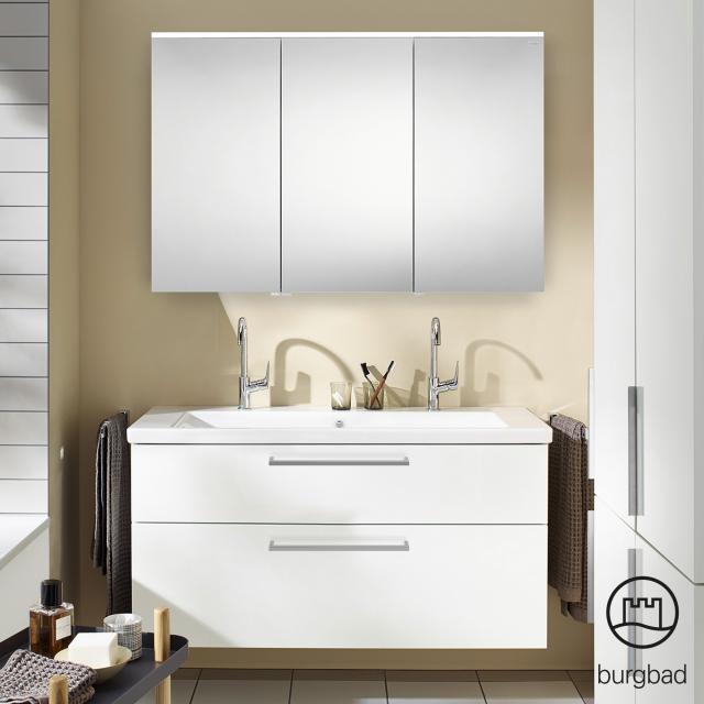 Burgbad Eqio bathroom furniture set 4, washbasin with vanity unit and mirror cabinet front white high gloss / corpus white gloss, bar handle chrome