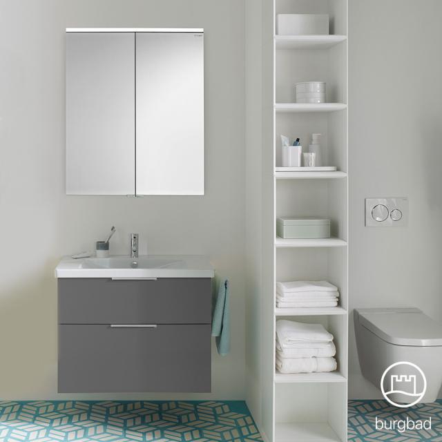 Burgbad Eqio Ensemble de meuble de salle de bains 1, lavabo avec meuble sous-lavabo et armoire de toilette Façade gris ultra brillant/corps du meuble gris brillant, poignée chromée