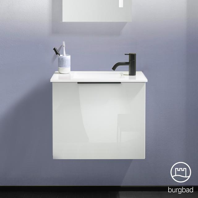 Burgbad Eqio hand washbasin with vanity unit with 1 flap door front white high gloss / corpus white gloss, handle matt black