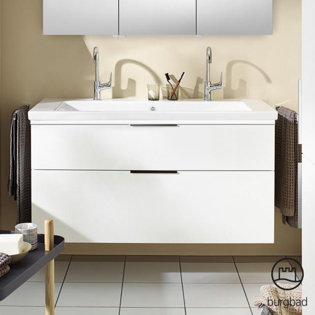Burgbad Eqio Lavabo double avec meuble sous-lavabo, éclairage LED et 2 tiroirs Façade blanc ultra brillant/corps du meuble blanc brillant, poignée noir mat