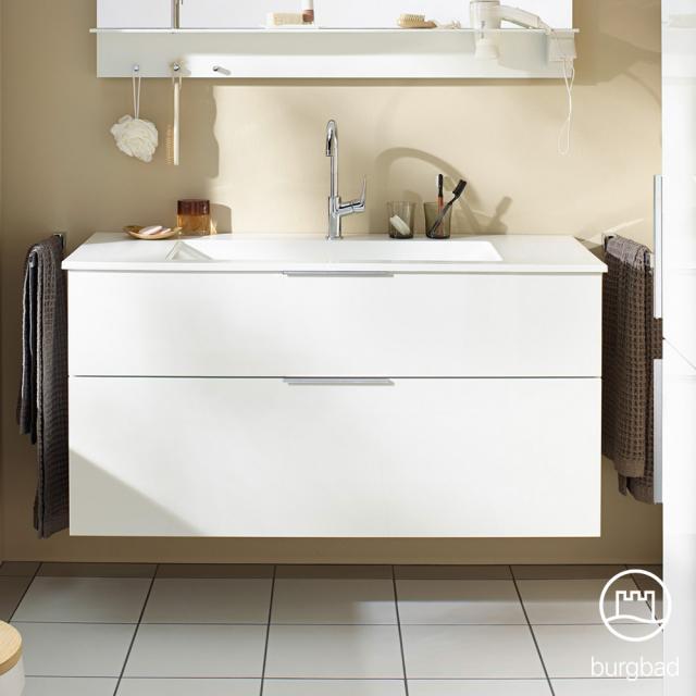 Burgbad Eqio Lavabo avec meuble sous-lavabo, 2 tiroirs Façade blanc ultra brillant/corps du meuble blanc brillant, poignée chromée