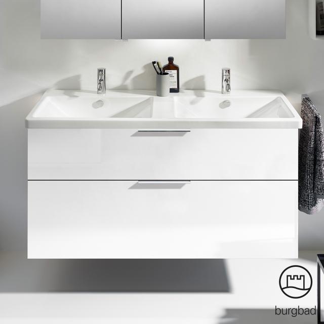 Burgbad Eqio Lavabo double avec meuble sous-lavabo, 2 tiroirs Façade blanc ultra brillant/corps du meuble blanc brillant, poignée chromée