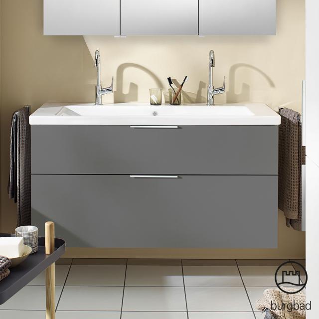 Burgbad Eqio Lavabo double avec meuble sous-lavabo, 2 tiroirs Façade gris ultra brillant/corps du meuble gris brillant, poignée chromée