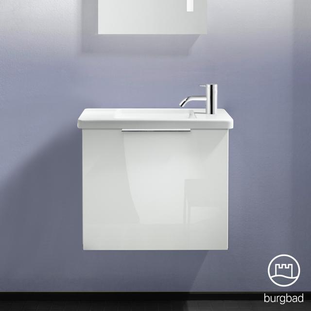 Burgbad Eqio Lave-mains en verre avec meuble sous-lavabo, 1 abattant Façade blanc ultra brillant/corps du meuble blanc brillant, poignée chromée