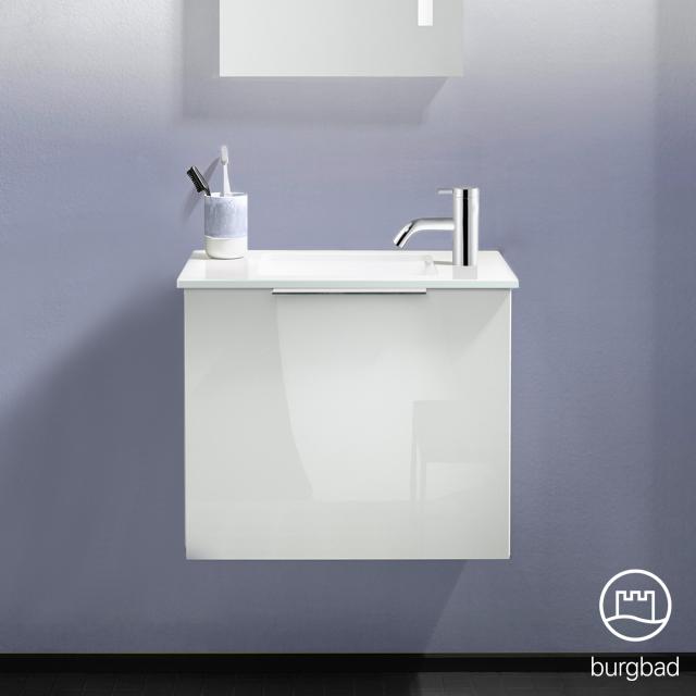 Burgbad Eqio Lave-mains en verre avec meuble sous-lavabo, 1 abattant Façade blanc ultra brillant/corps du meuble blanc brillant, poignée chromée