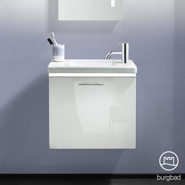 Burgbad Eqio Lave-mains avec meuble sous-lavabo, éclairage LED et 1 abattant Façade blanc ultra brillant/corps du meuble blanc brillant, poignée baguette chromée