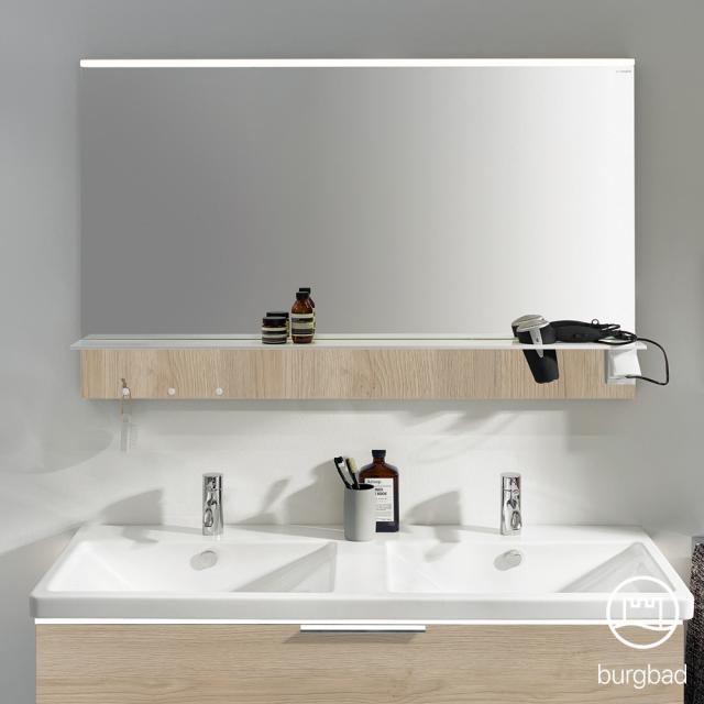 Burgbad Eqio mirror with mounted horizontal LED light and shelf cashmere oak decor