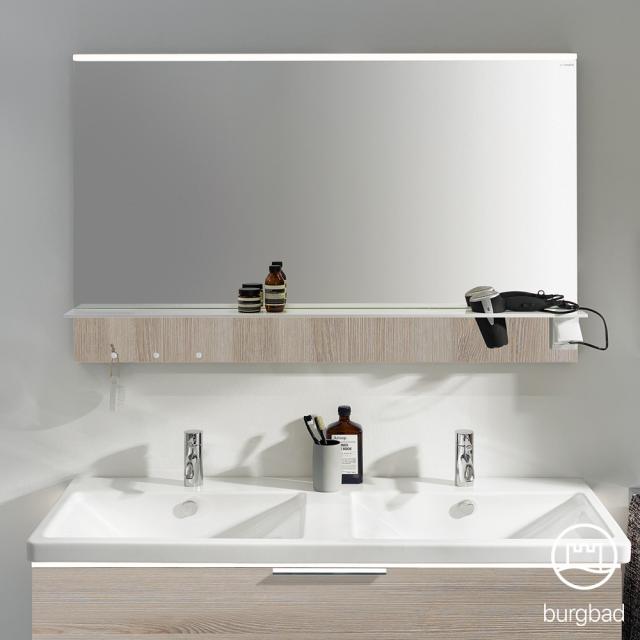 Burgbad Eqio mirror with mounted horizontal LED light and shelf flannel oak decor