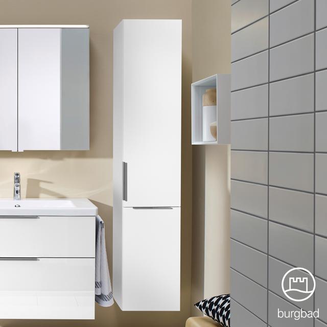 Burgbad Eqio tall unit with 1 door and 1 laundry basket front white high gloss / corpus white gloss, handles chrome