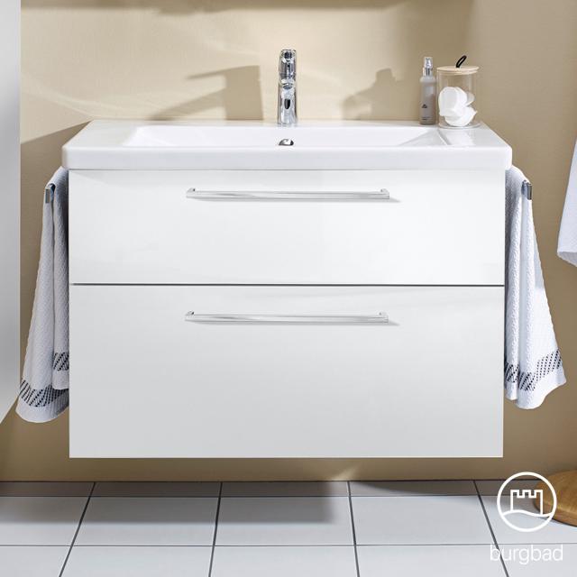 Burgbad Eqio washbasin with vanity unit with 2 pull-out compartments front white high gloss / corpus white gloss, bar handles chrome