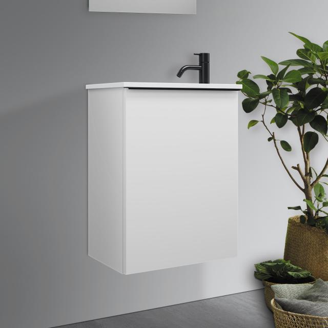 Burgbad Fiumo hand washbasin with vanity unit with 1 door front matt white / corpus matt white, handle strip matt black