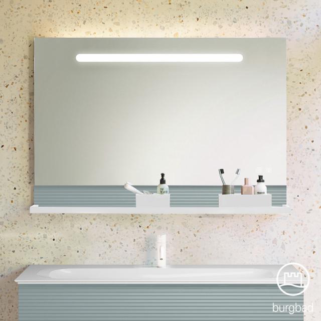 Burgbad Fiumo illuminated mirror with horizontal LED lighting soft matt ice blue, rail white
