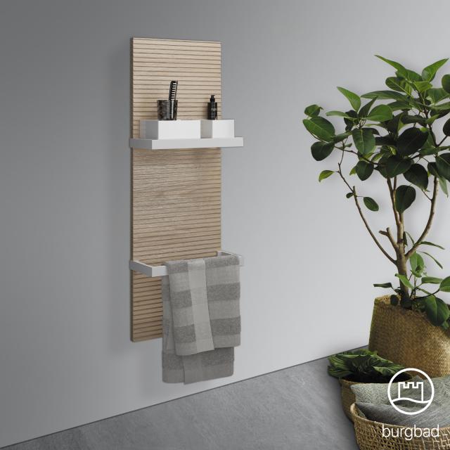 Burgbad Fiumo wall panel with two towel rails cashmere oak decor