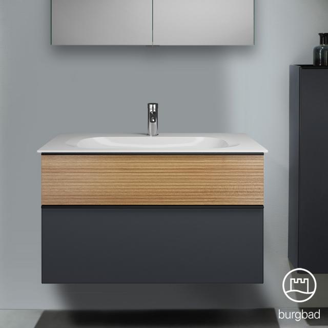 Burgbad Fiumo washbasin with vanity unit with 2 pull-out compartments soft matt graphite/tectona cinnamon decor, handle strip matt black