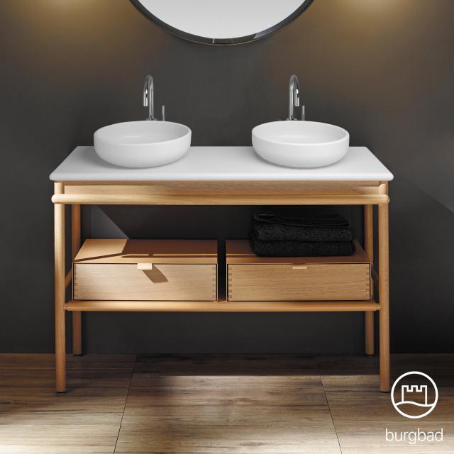 Burgbad Mya 2 lavabos à poser avec meuble sous-lavabo l : 120 cm, 2 tiroirs Façade chêne naturel/corps du meuble chêne naturel/lavabo blanc velouté