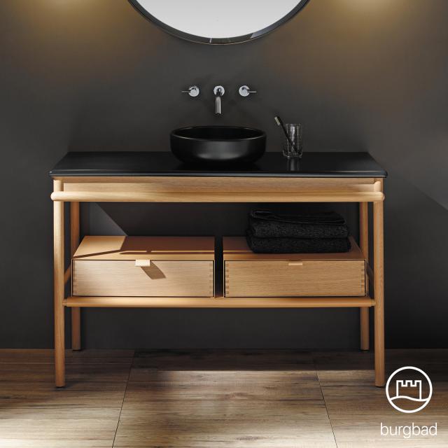 Burgbad Mya Lavabo à poser avec meuble sous-lavabo l : 120 cm, 2 tiroirs Façade chêne naturel/corps du meuble chêne naturel/lavabo noir mat