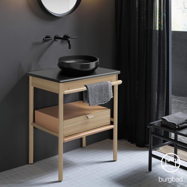 Burgbad Mya Lavabo à poser avec meuble sous-lavabo l : 65 cm, 1 tiroir Façade chêne naturel/corps du meuble chêne naturel/lavabo noir mat