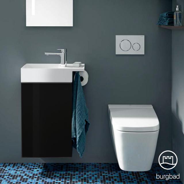 Burgbad Yumo hand washbasin with vanity unit with 1 door black high gloss, basin white