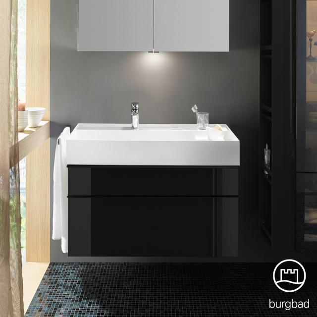 Burgbad Yumo washbasin incl. shelf with vanity unit with 2 pull-out compartments black high gloss, basin white