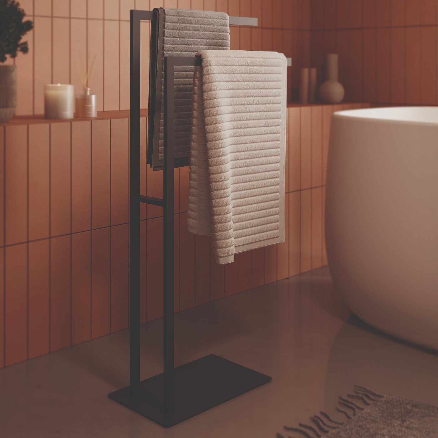 Porte-Serviettes Sur Pied Noir Mat - Support 2 Serviettes En Acier Pour Salle De Bain COSMIC