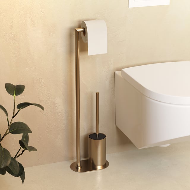 Set WC ONA Autoportante – Porta Rotolo E Scopino In Metallo Nero, Base In Vetro, 70 Cm