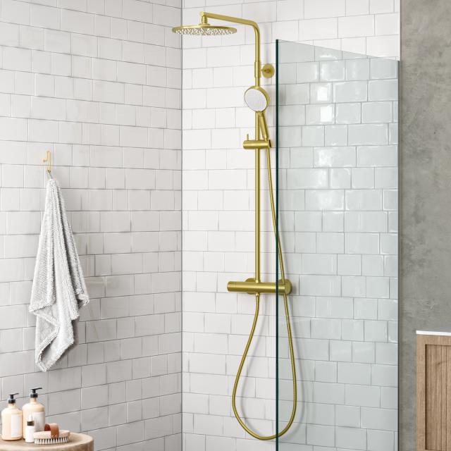 Damixa Silhouet thermostatic shower system with metal shower hose brushed brass/white