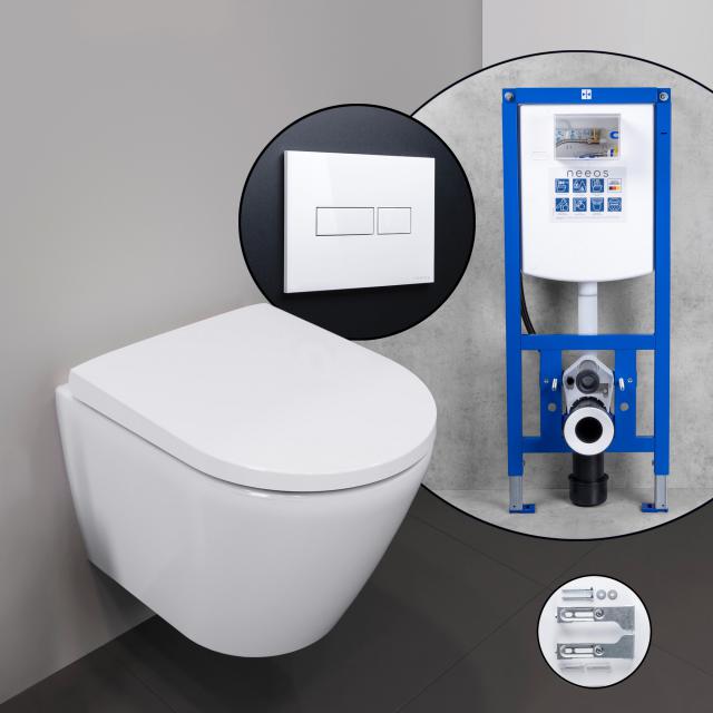 Duravit D-Neo Compact complete SET wall-mounted toilet with neeos pre-wall element flush plate with rectangular button in white, with HygieneGlaze