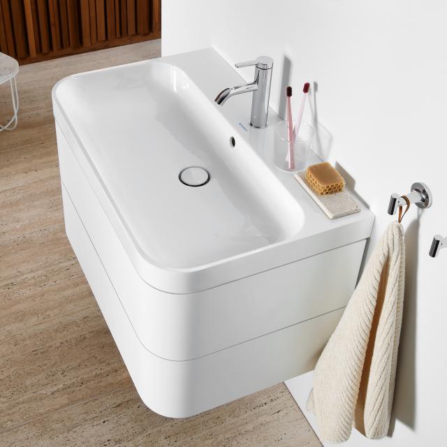 Duravit Happy D.2 Plus washbasin with vanity unit with 2 pull-out compartments with 1 tap hole, silk matt white, with interior system in maple