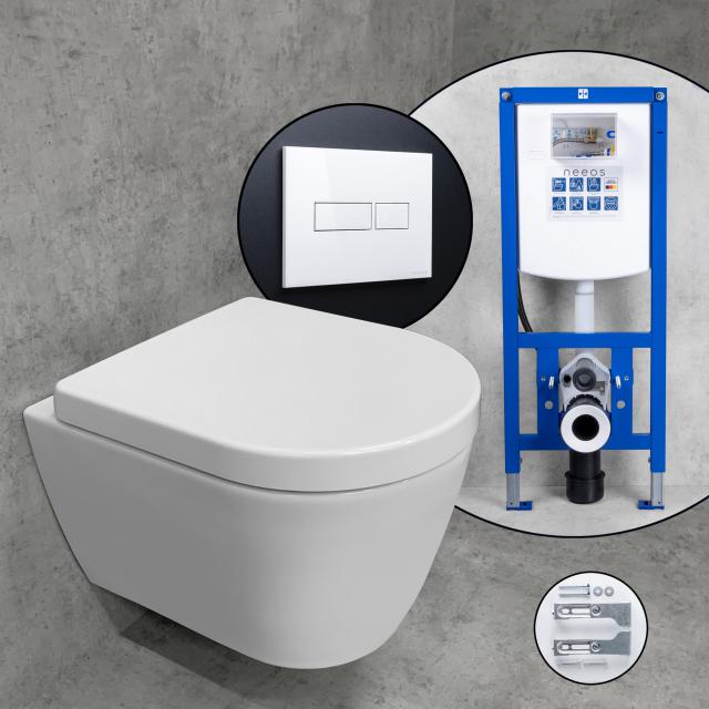 Duravit ME by Starck Compact wall-mounted toilet & Tellkamp toilet seat with neeos pre-wall element, flush plate with rectangular button in white, with WonderGliss
