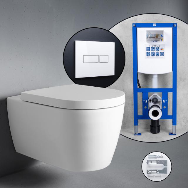 Duravit ME by Starck complete SET wall-mounted toilet with neeos pre-wall element, flush plate with rectangular button in white