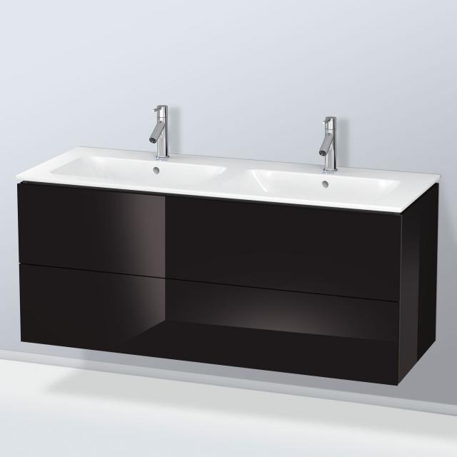 Duravit ME by Starck double washbasin with L-Cube vanity unit with 2 pull-out compartments front black high gloss / corpus black high gloss, without interior system, WB white, with WonderGliss, with 2 tap holes