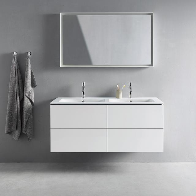 Duravit ME by Starck double washbasin with L-Cube vanity unit with 4 pull-out compartments front matt white / corpus matt white, without interior system, WB white, with WonderGliss, with 2 tap holes