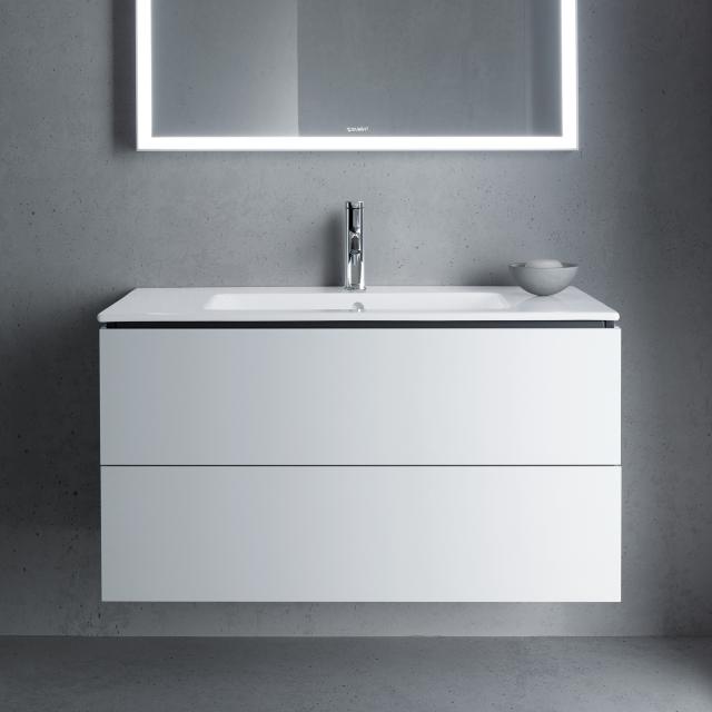 Duravit ME by Starck Lavabo avec meuble sous-lavabo L-Cube, 2 tiroirs blanc mat, sans système d’aménagement, lavabo blanc, avec WonderGliss, 1 trou percé