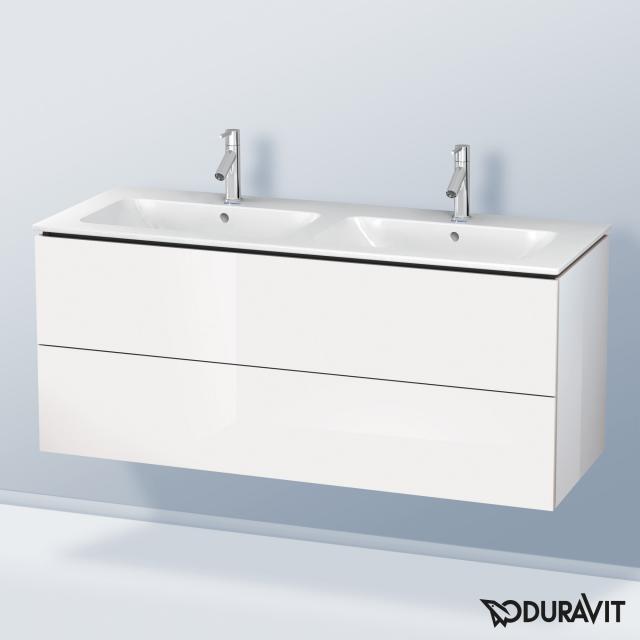 Duravit ME by Starck Lavabo double avec meuble sous-lavabo L-Cube, 2 tiroirs blanc ultra brillant, sans système d’aménagement, lavabo blanc, avec WonderGliss, 2 trous percés