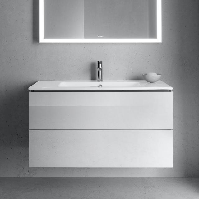 Duravit ME by Starck washbasin with L-Cube vanity unit with 2 pull-out compartments white high gloss, without interior system, basin white, with WonderGliss, with 1 tap hole