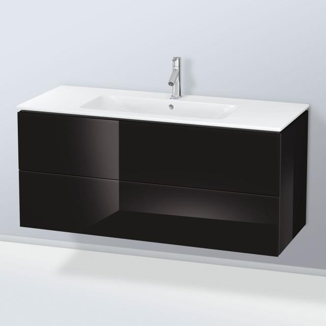 Duravit ME by Starck washbasin with L-Cube vanity unit with 2 pull-out compartments front black high gloss / corpus black high gloss, with interior system in walnut, WB white, with 1 tap hole