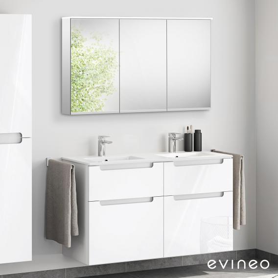 Evineo ineo5 Doppelwaschtisch mit Waschtischunterschrank mit Griffmulde, mit LED-Spiegelschrank Front weiß hochglanz/verspiegelt / Korpus weiß hochglanz/verspiegelt
