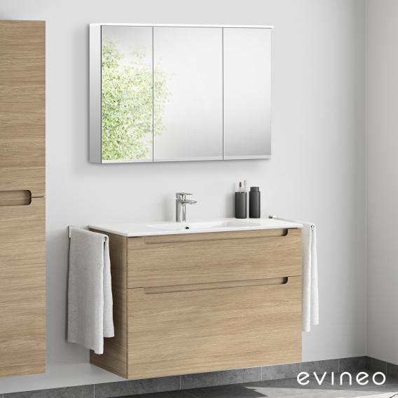 Evineo ineo5 washbasin and vanity unit with recessed handle, with LED mirror cabinet front oak/mirrored / corpus oak/mirrored
